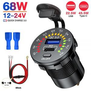 듀얼 USB 충 소켓 LED 전압계 ON OFF 스위치 QC3.0 PC 타입 C 방수 USB 콘센트 12V 24V 차량용 고속 충