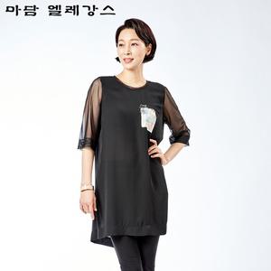 [하프클럽/마담엘레강스]포켓프린트 매쉬소매 원피스형 블라우스 K231BL08
