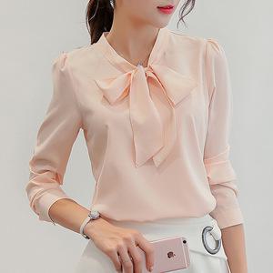 3991 여성 리본블라우스 정장 티셔츠 빅사이즈 레트로 라운드 브이넥 세일러 리본 쉬폰 프릴카라 베이직
