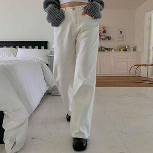 [하프클럽/]여자 하이웨이스트 넓은 흰색 진 면원단 팬츠