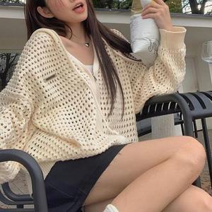 [RGO38Q17]여성 펀칭 루즈핏 니트 후드집업 1P 여름 그물
