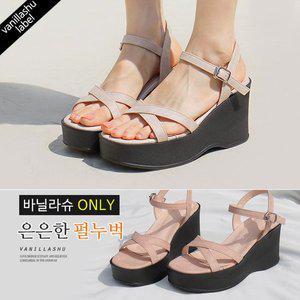 [바닐라슈] 자체제작 마로니 펄누벅 X탑 탄력 통굽웨지힐 샌들(8cm)