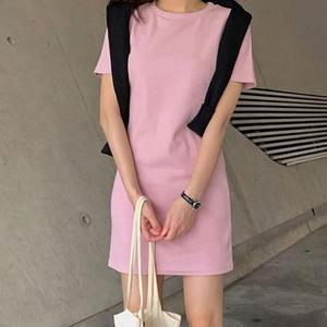 [XBG74J4K]라운드 베이직 반팔 미니원피스 무지 심플 홀복