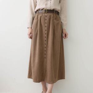 여자 코듀로이 플레어 벨트 앞포켓 골덴치마 롱스커트