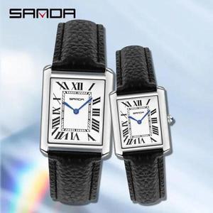 SANDA 9031 럭셔리 커플 시계 내마모성 가죽 스트랩 스퀘어 다이얼 방수 스포츠 캐주얼 쿼츠 시계 Reloj