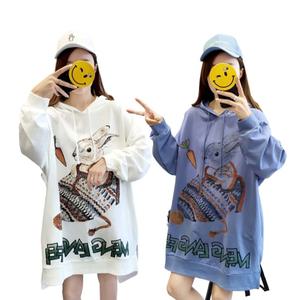 여성 2색 프리사이즈 래빗마크 루즈핏 롱 후드 티셔츠