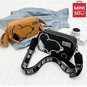 MINISO 만화 프린트 여성용 크로스바디 백, 스누피 숄더백, 캐주얼 패션, 작은 사각형 가방, PU 카메라 가