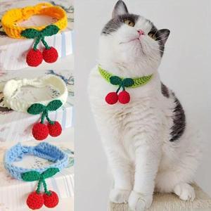 고양이인식표 고양이목걸이 이름표 네임택 목줄 수제 니트 고양이 목걸이 체리 장식 귀여운 고양이 목걸이