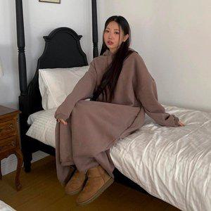[옷자락]여자 겨울 6컬러 박시핏 코튼 기모 후드 롱 원피스_P379367203