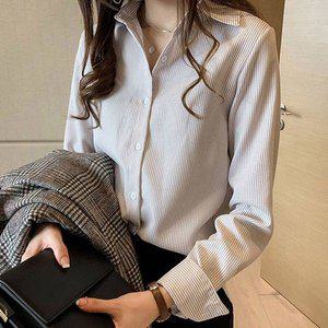 [옷자락]여성 가을 베이직 데일리 페미닌 스트라이프 카라 셔츠_P346256884