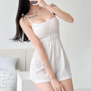 [옷자락]여자 심플 스모크 밴딩 셔링 끈 나시 반바지 점프수트_P346447148
