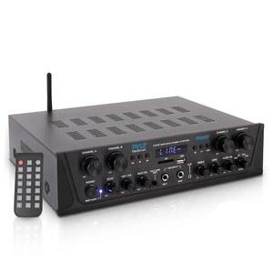 Pyle 500W 가라오케 무선 블루투스 증폭기 - 4채널 스테레오 오디오 수신기(AUX IN, FM 라디오, RCA 서브우퍼 스피커 OUT, USB, 에코 포함 마이크 인, 피크 전력을 4~8옴으로 공급 PTA44BT)