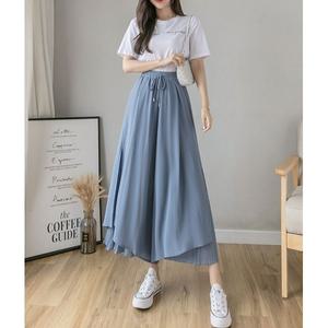 여성 여름 블루 화이트 더블팁 9부 쉬폰 치마바지