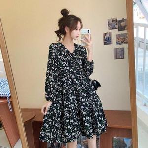브이넥 롱원피스 셔링 쉬폰 플라워 원피스 가을 프린트