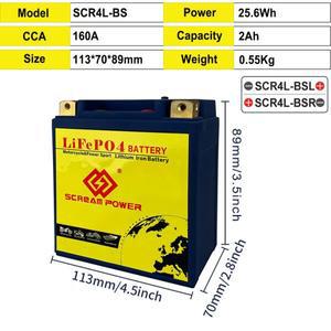 Scr4L-BS 오토바이 스타터 배터리, 스쿠터 ATV UTV 쿼드용, CCA 160A 파워스포츠 리튬 인산염 12V 2Ah