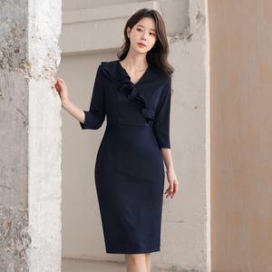 [시크라인] (~XXL까지) 레니 브이넥 이중러플 H라인 원피스 봄 가을 오피스 하객룩 데이트 모임 미시 빅사이즈