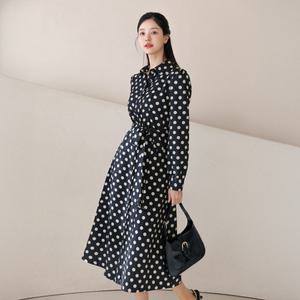 [시크라인] (~XXL까지) 에버포 퍼프 도트 플레어 벨트 원피스 봄 가을 오피스 하객룩 데이트 모임 미시 빅사이즈