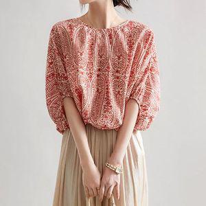 여성 루즈핏 여름 라운드넥 반팔 패턴 블라우스 레드 셔츠 브라우스