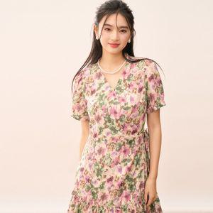 여성 예쁜 쉬폰 원피스 여름 프렌치 엘레강스 브이넥 유화 랩 티쉬 스커트 프릴 숏 스포M2