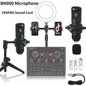 V9XPRO-BM800 전문 콘덴서 마이크 사운드 카드 채우기 빛 블루투스 무선 PC 컴퓨터 전화 가라오케