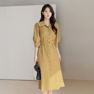 [시크라인] (~XXL까지) 케베라 오픈 카라 퍼프소매 벨트 원피스 봄 가을 하객룩 오피스룩 데이트 모임 미시 빅사이즈