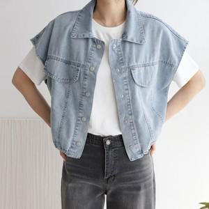 여자 흰데님 스트링 캡소매 카라넥 박스핏 청 조끼