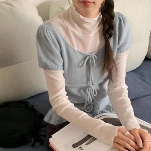 여성 스웨터 웨이브 코디 반목티 리본 티셔츠