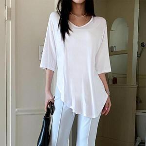 /옷자락 여자 브이넥반팔티 찰랑 얇은 티셔츠