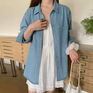루즈핏 청남방 봄 가을 간절기 여성 아우터 긴팔 데님 셔츠 BLACKTEA23
