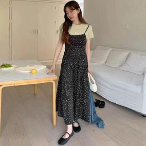 여성 플라워 뷔스티에 여름 레이어드 끈 나시 롱 원피스 BLACKTEA2