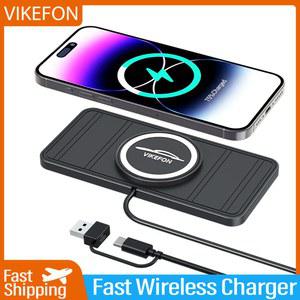 VIKEFON 차량용 무선 충전기 USB C타입 매트 실리콘 미끄럼 방지 패드 휴대폰 고속 충전 스탠드 아이폰 15 14 13 12