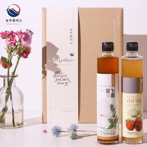 [경북고향장터 사이소]국산 저온압착 들기름 사과식초 300ml 2병 선물세트 [ 농부플러스 ]