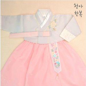 [보리보리/청아한복]비단 끝동 비둘기레이스 핑크치마