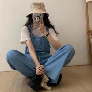 옷자락 여자 데님 스트링 롱 민소매 점프수트