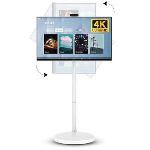 32인치 4K 휴대용 스마트 모니터, 8+128GB, 퀄컴 665 CPU, 10시간 수명으로 작동하는 배터리, 안드로이드 OS 13, 바퀴 달린 롤링 회전식 터치 스크린, 에어 리모컨, 5MP 웹캠 포함