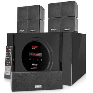 Pyle 5.1 채널 앰프 스피커 시스템 - 300W 블루투스 무선 서라운드 사운드 홈 시어터 오디오 스테레오 파워 리시버 박스 세트 w /내장 서브우퍼, 5개, 리모컨, FM 라디오, RCA PT589BT.5