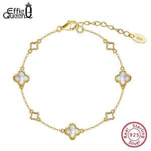 EFFIE QUEEN 14K 골드 925 스털링 실버 쉘 네잎 클로버 팔찌, O-체인 행운의 상징, 생일 선물 착용, GMB68