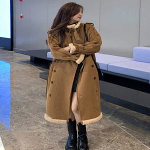 셀_여성 긴 모피 코트 양털 인조 램스 울 사슴털 여 추동 루즈핏 하프 퍼 일체 도톰한 모직 캐주얼