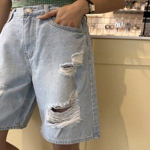 여자 여름 구제 난스판 청반바지 썸머 핏이 예쁜 데미지 5부 데님팬츠 찢청