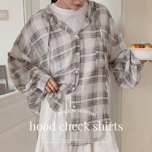 핫핑 카인더 오버핏 스트링 후드 체크 긴팔셔츠