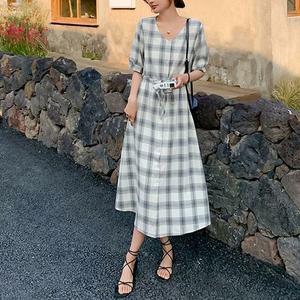 [오노마] ONM 체크 롱원피스 데일리 반팔 볼륨 셔츠 원피스