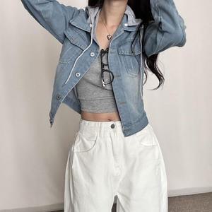 [오노마] ONM 여자 2컬러 슬림핏 크롭 탈부착 후드 청 데님자켓