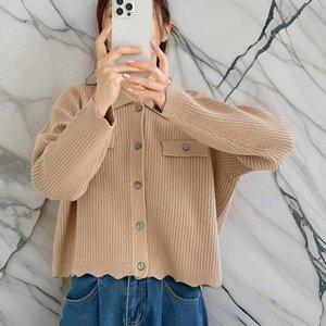 [옷자락]여자 카라넥 물결 비스코스 세미크롭 가디건_P388034973