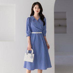 [시크라인] 요니 오픈 카라 셔링 랩 스트라이프 원피스