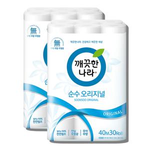 깨끗한나라 2겹 순수 오리지널 40m 30롤 2개 화장지