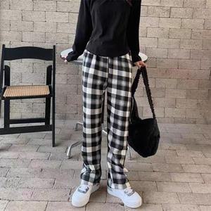 루즈한 일자엣지 와이드핏 양털 뽀글이 기모 체크 바지