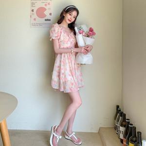 플라워 나염의 프릴 다이아넥 플레어 미니 원피스 op13968