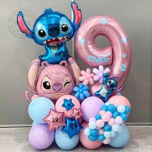 63PCS 만화 릴로 & 스티치 테마 웨딩 풍선 화환 아치 키트 핑크 번호 1-9st 어린이 생일 파티 장식 베이비