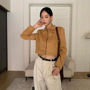 [옷자락]여자 스웨이드자켓 크롭 레더 카라넥 집업 자켓_P348305413