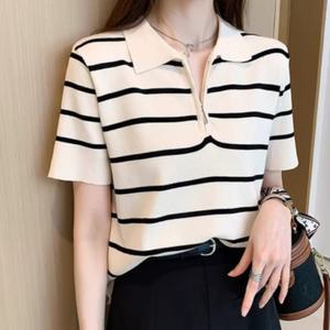 페피 반집업 스트라이프 카라 반팔 티셔츠 C25BTS264